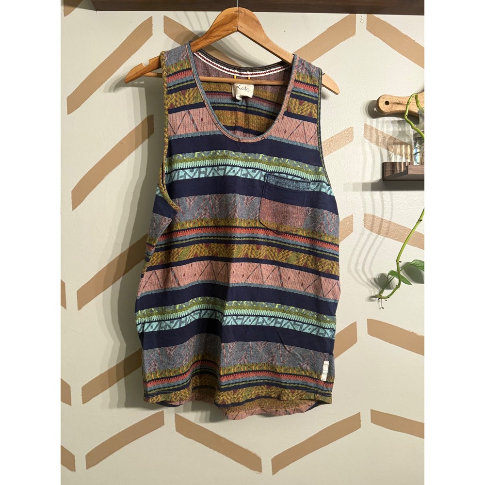 Koto Tank Top Mens Medium Multi Color Geometric Stripe Pocket Sleeveless Tee